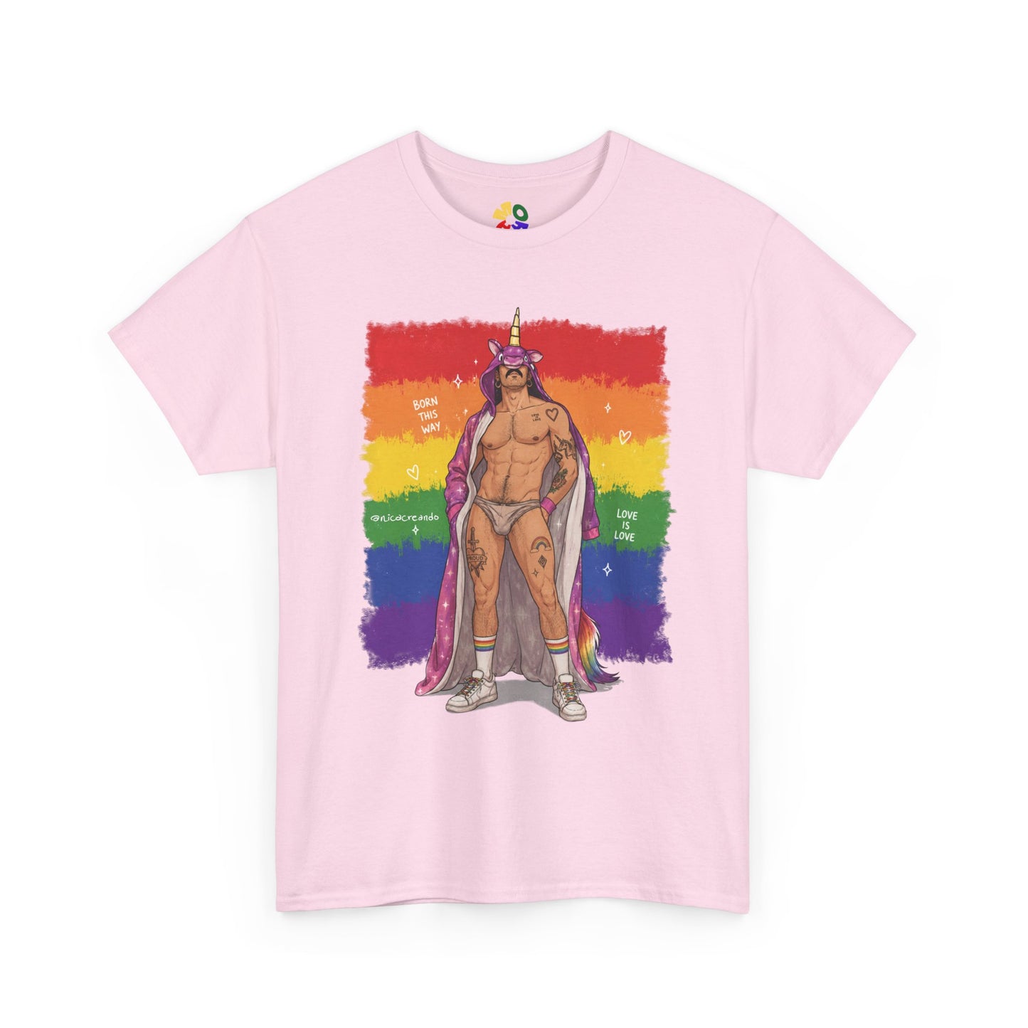 Pride King Graphic Tee — Rainbow Flag Muscle Man Illustration