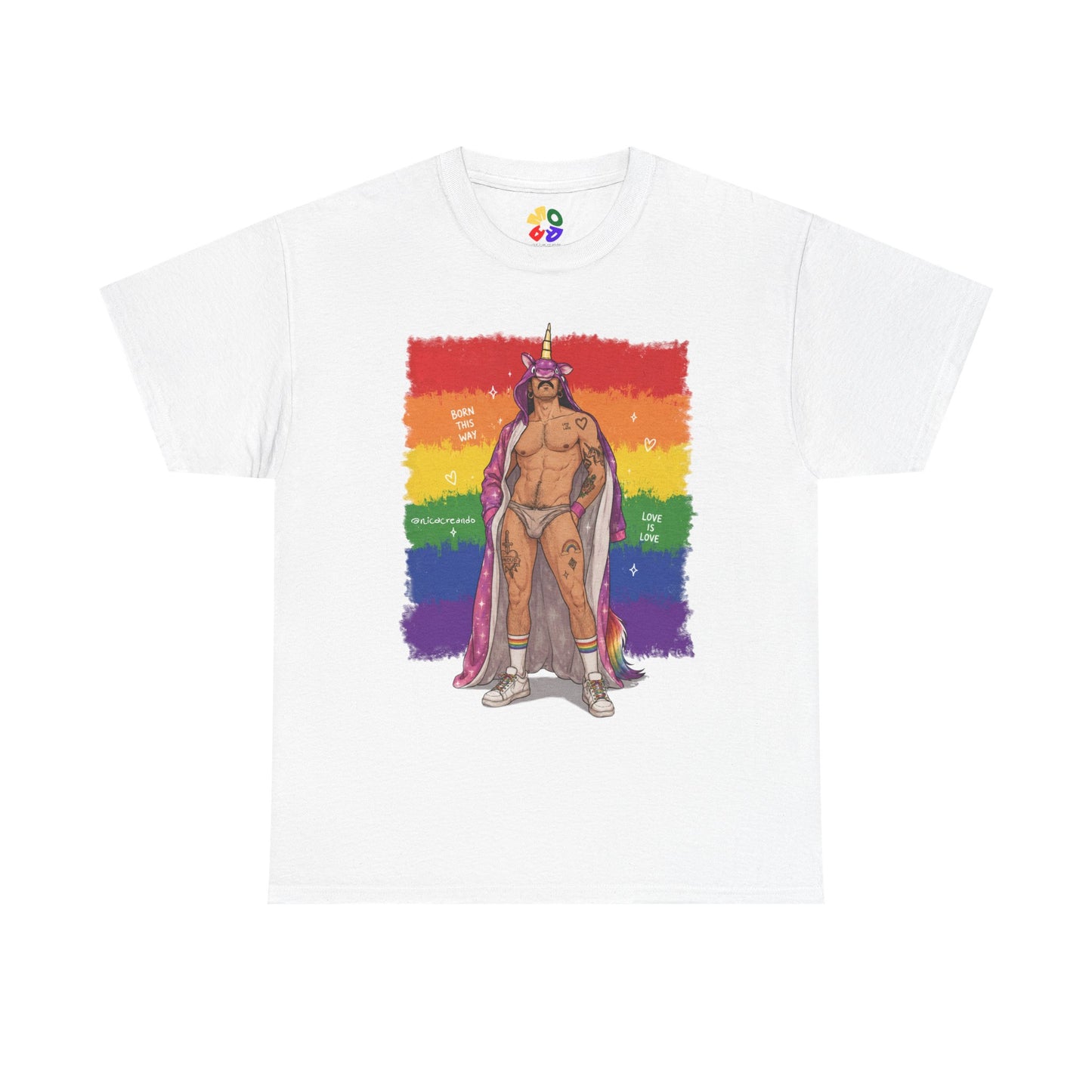 Pride King Graphic Tee — Rainbow Flag Muscle Man Illustration
