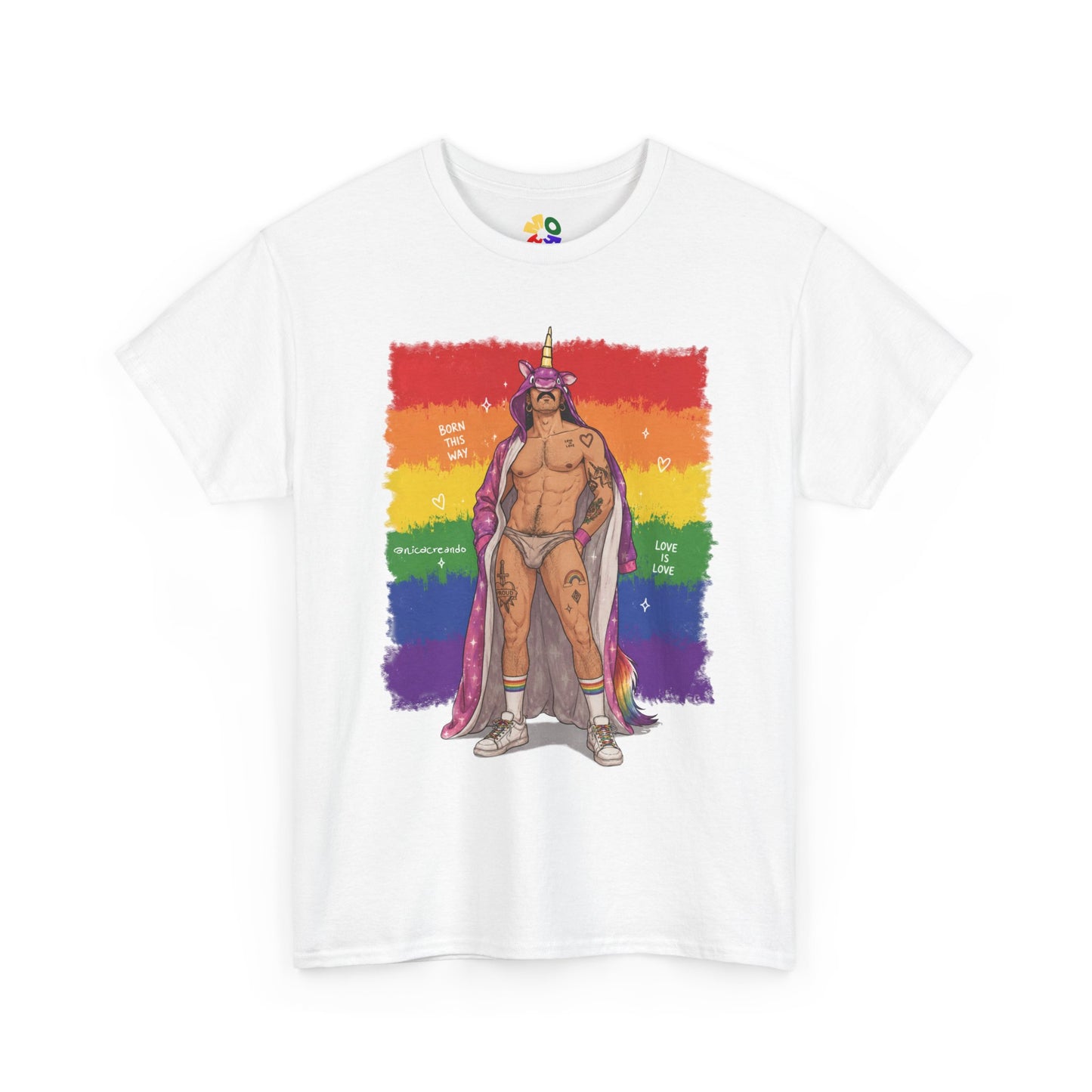 Pride King Graphic Tee — Rainbow Flag Muscle Man Illustration