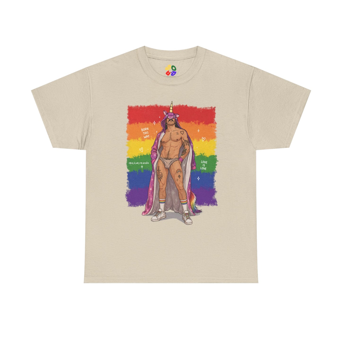 Pride King Graphic Tee — Rainbow Flag Muscle Man Illustration
